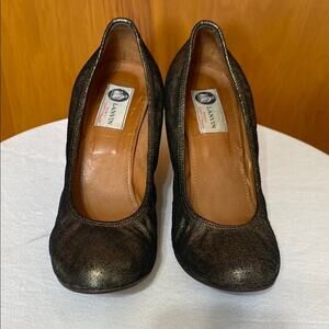 VTG Lanvin Metallic Gold Wedge Pumps Stacked Wood Heel Leather Soles 9 /39.5